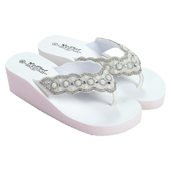 Xfvqtps Flip Flops for Women Wedge Rhinestone Decor Slip on Slide Soft Sole Non Slip Casual Beach Summer EVA Sandals White