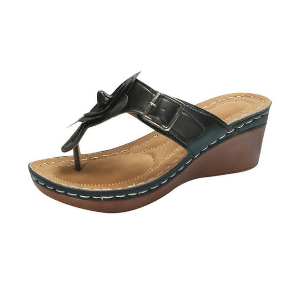 Xfvqtps Flip Flops for Women Wedge Sandals Flower Buckle Decoration Arch Support Soft Sole Non Slip Summer Beach Sandals Black