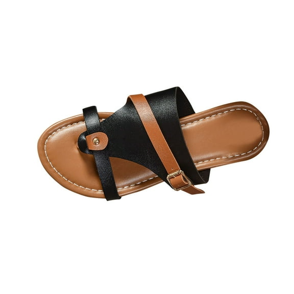 Xfvqtps Flip Flops for Womens Flat Sole Cross Straps Buckle Decor Color Block Casual Beach Summer Sandals Black