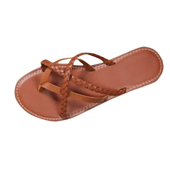 Xfvqtps Flip Flops for Womens Flat Sole Cross Weaving Straps Leather Casual Beach Summer Strappy Slippers Brown