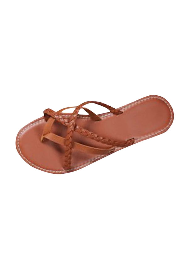 Flip Flops for Womens Flat Sole Cross Weaving Straps Leather Casual Beach Summer Strappy Slippers Brown