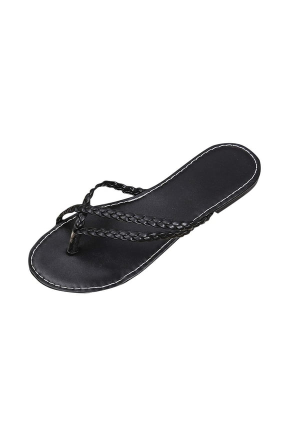 Flip Flops for Womens Flat Sole Weaving Straps Casual Beach Summer Sandals Black