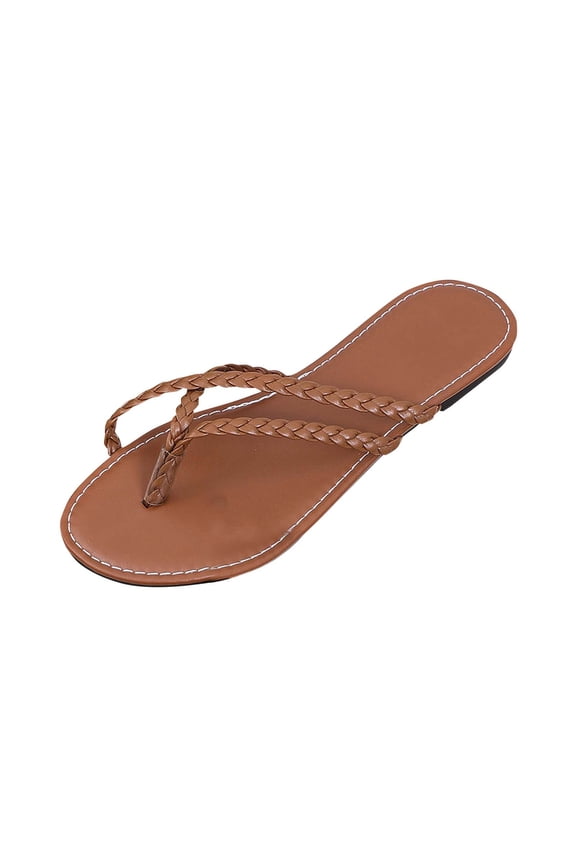 Flip Flops for Womens Flat Sole Weaving Straps Casual Beach Summer Sandals Brown