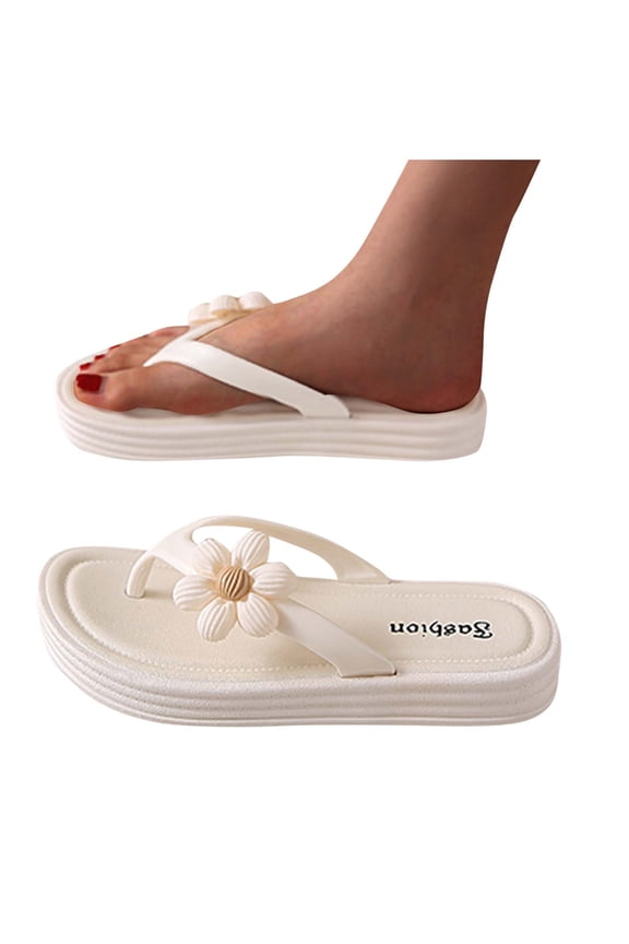 Flip Flops for Womens Thick Sole Flower Decor Beach PVC Sandals White
