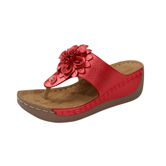 Xfvqtps Flip Flops for Womens Wedge Sandals Flatform Flower Decoration Soft Sole Comfortable Breathable Casual Beach Summer Sandals Red