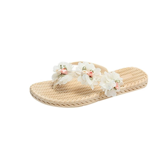 Xfvqtps Flip Flops for Womens Woven Sole Floral Decor Casual Beach Summer PVC Sandals Beige