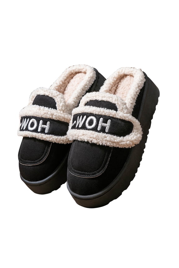 Fluffy Slippers for Women Winter Warm Lined Suede Flatform Mini Boots Slip on Furry Cozy Short Ankle Shoes Indoor and Outdoor Plush Shoes Mules Black