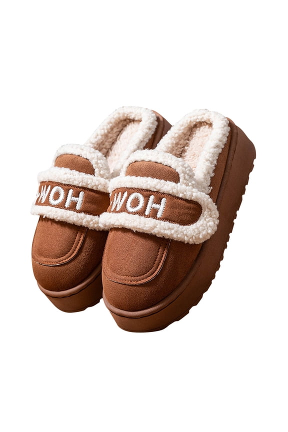 Fluffy Slippers for Women Winter Warm Lined Suede Flatform Mini Boots Slip on Furry Cozy Short Ankle Shoes Indoor and Outdoor Plush Shoes Mules Brown