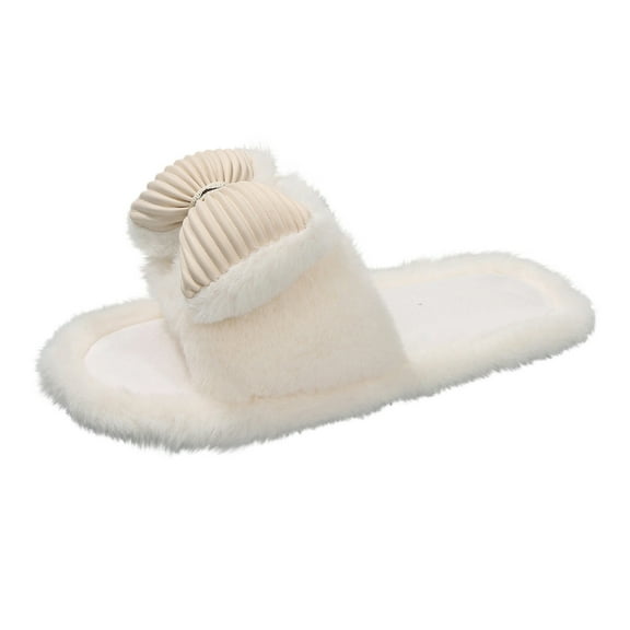 Xfvqtps Fluffy Slippers for Women Bow Decor Winter Warm Open Toe Slip on Furry Cozy Indoor and Outdoor Plush Shoes White