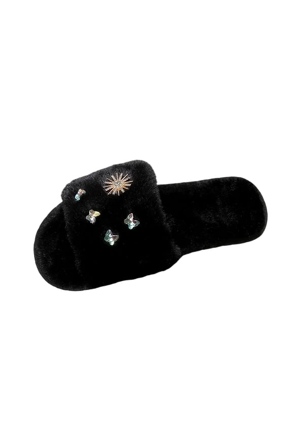 Fluffy Slippers for Women Butterfly Shape Rhinestone Decor Winter Warm Open Toe Slip on Furry Cozy Indoor and Outdoor Plush Shoes Black