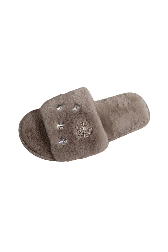 Fluffy Slippers for Women Butterfly Shape Rhinestone Decor Winter Warm Open Toe Slip on Furry Cozy Indoor and Outdoor Plush Shoes Khaki
