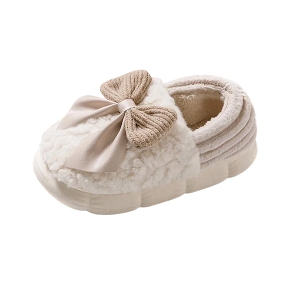 Xfvqtps Fluffy Slippers for Women Knit Bow Winter Warm Thick Sole PVC Slip on Cover Heel Furry Cozy Indoor and Outdoor Plush Shoes Beige
