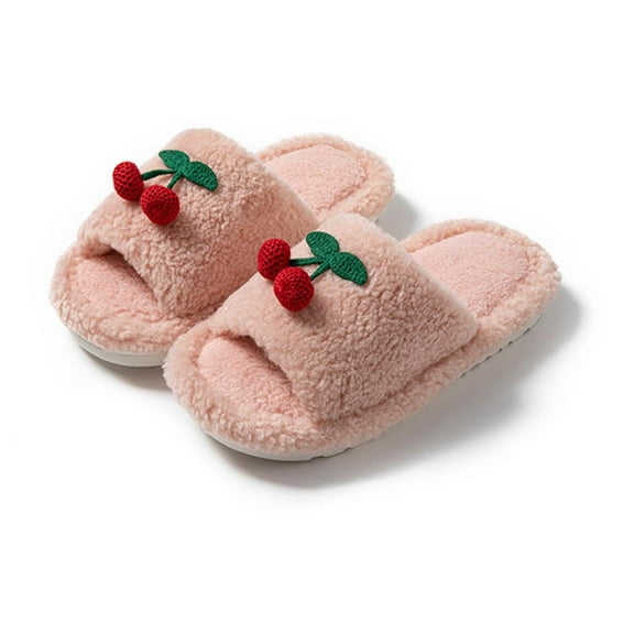 Xfvqtps Fluffy Slippers for Women Knit Cherry Decor Winter Warm Open Toe Slip on Furry Cozy Indoor and Outdoor Plush Shoes Pink