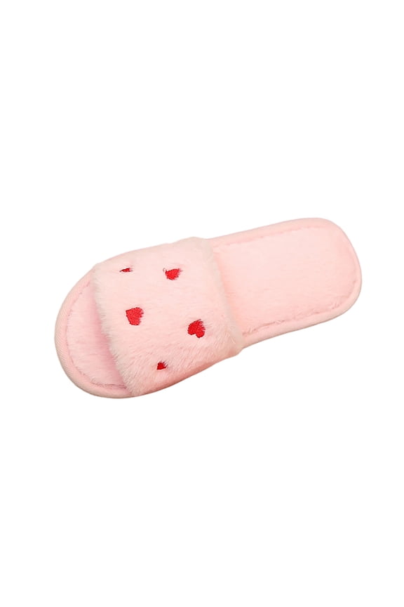 Fluffy Slippers for Women Love Embroidery Winter Warm Open Toe Slip on Furry Cozy Indoor and Outdoor Plush Shoes Pink