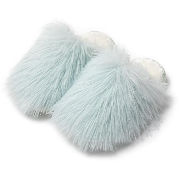 Xfvqtps Fluffy Slippers for Women Winter Warm Slip on Solid Color Furry Cozy Indoor and Outdoor Plush Shoes Blue