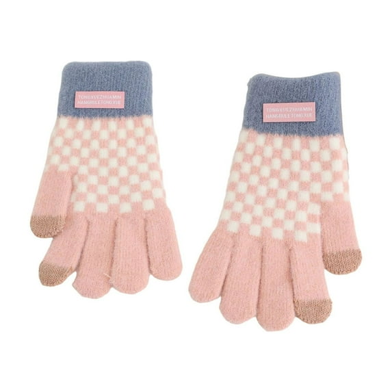 Xfvqtps Full Finger Gloves Touchscreen Winter Warm Gloves Knit Color Blocked Checkerboard Stretchy Extended Mittens for Women Pink