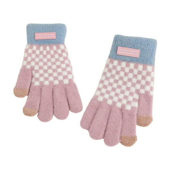 Xfvqtps Full Finger Gloves Touchscreen Winter Warm Gloves Knit Color Blocked Checkerboard Stretchy Extended Mittens for Women Purple