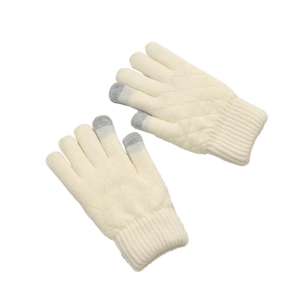 Xfvqtps Full Finger Gloves Touchscreen Winter Warm Gloves Knit Solid Color Grid Pattern Stretchy Extended Mittens for Women White