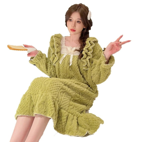 Xfvqtps Fuzzy Robe for Womens Ladys Nightgown Pullover Lace Bow Sweet Square Neck Flannel Loose Thickened Cozy Soft House Wear Casual Warm Winter Fuzzy Loungewear Green