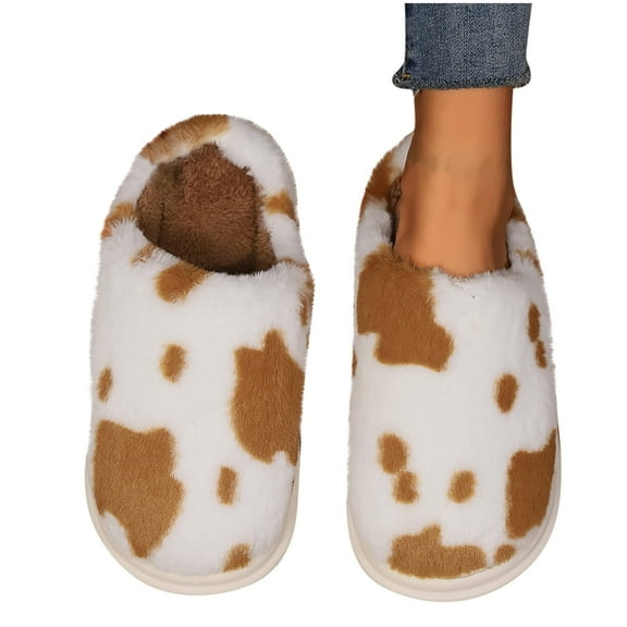 Xfvqtps Fuzzy Slippers for Women Cow Print Plush Furry Fluffy Soft Thick Sole Memory Foam Slip on Non-Slip Comfortable Cozy Indoor Warm Winter House Shoes