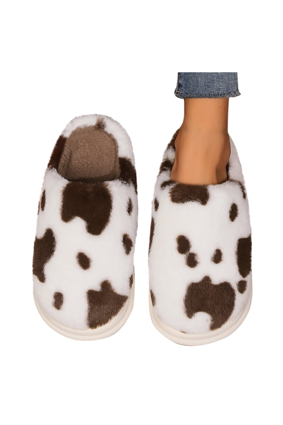 Fuzzy Slippers for Women Cow Print Plush Furry Fluffy Soft Thick Sole Memory Foam Slip on Non-Slip Comfortable Cozy Indoor Warm Winter House Shoes