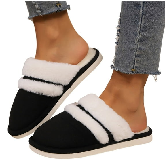 Xfvqtps Fuzzy Slippers for Womens Fluffy Slippers Large Size Suede Plush Edge Memory Foam Thick Bottom Non Slip Indoor House Warm Winter Cozy Slippers Black