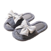 Xfvqtps Fuzzy Slippers for Women Bow House Bedroom Open Toe Slide Comfy Fall Winte Furry Indoor Slipper Gray
