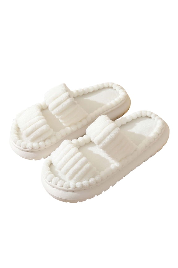Fuzzy Slippers for Women Double Straps Open Toe Memory Foam Soft Sole Non Slip Warm Furry Slipper for Fall Winter White