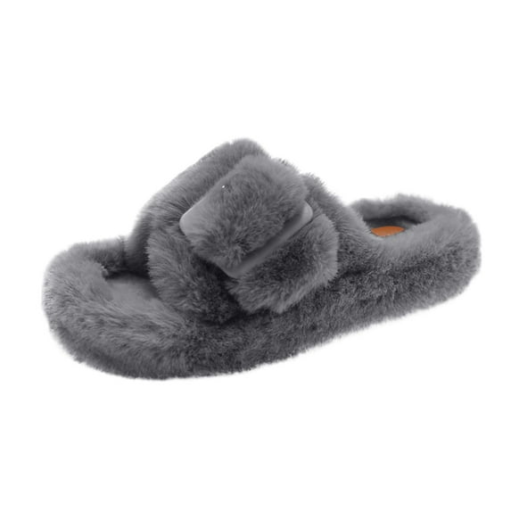 Xfvqtps Fuzzy Slippers for Women Fake Fur Open Toe Soft Sole Slide House Slippers for Indoor Bedroom Furry Slipper for Fall Winter Gray