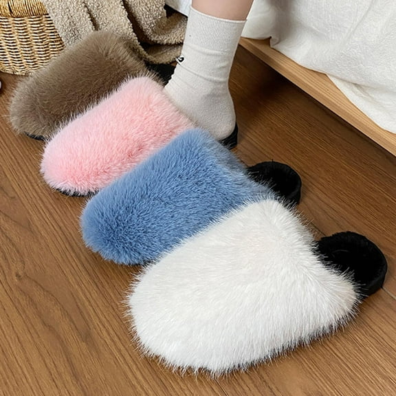 Xfvqtps Fuzzy Slippers for Women Fluffy Close Toe Slide House Slippers for Indoor Bedroom Warm Furry Slipper for Fall Winter Blue