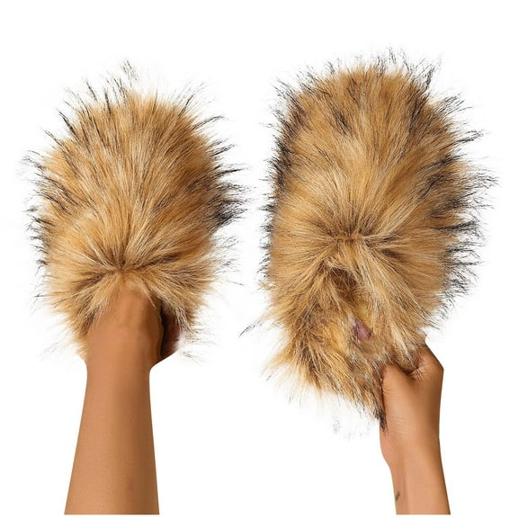 Xfvqtps Fuzzy Slippers for Women Fluffy Close Toe Slide House Slippers for Indoor Bedroom Warm Furry Slipper for Winter Spring Fall Brown
