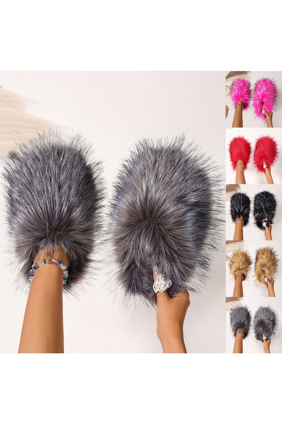 Fuzzy Slippers for Women Fluffy Close Toe Slide House Slippers for Indoor Bedroom Warm Furry Slipper for Winter Spring Fall Gray
