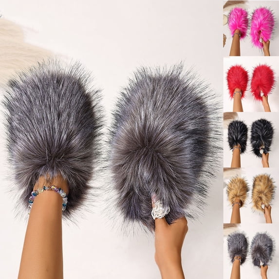Xfvqtps Fuzzy Slippers for Women Fluffy Close Toe Slide House Slippers for Indoor Bedroom Warm Furry Slipper for Winter Spring Fall Gray
