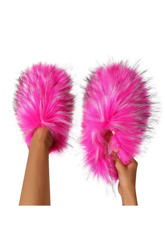 Fuzzy Slippers for Women Fluffy Close Toe Slide House Slippers for Indoor Bedroom Warm Furry Slipper for Winter Spring Fall Hot Pink