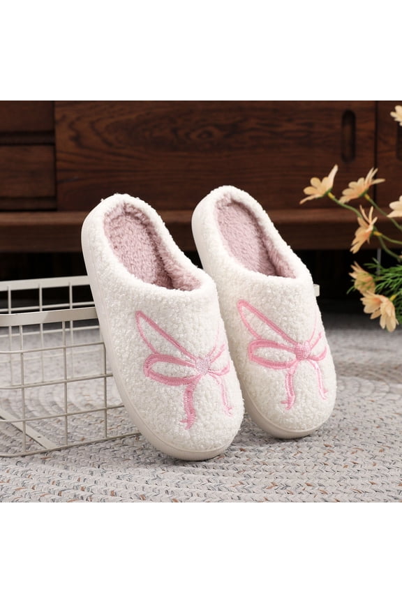Fuzzy Slippers for Women Fluffy Furry Fleece Lining Bow Embroidery Soft Thick Sole Slip on Non-Slip Comfortable Cozy Indoor House Slippers