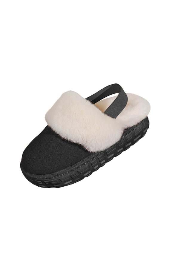 Fuzzy Slippers for Women Fluffy Winter Warm Lined Suede Flatform Slingback Elastic Slip on Furry Cozy Indoor and Outdoor Mules Clogs Black