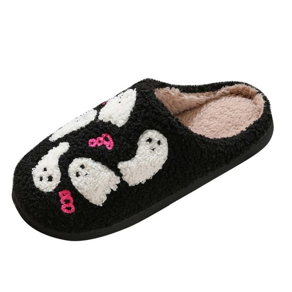 Xfvqtps Fuzzy Slippers for Women Halloween Ghost Slippers Holiday Fluffy Warm Plush Slippers Winter Indoor Bedroom Soft Cozy Home Non-Slip Black