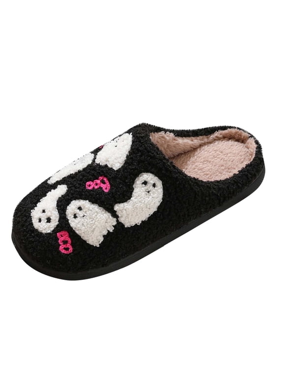 Fuzzy Slippers for Women Halloween Ghost Slippers Holiday Fluffy Warm Plush Slippers Winter Indoor Bedroom Soft Cozy Home Non-Slip Black