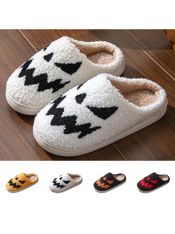 Fuzzy Slippers for Women Halloween Ghost Slippers Holiday Fluffy Warm Plush Slippers Winter Indoor Bedroom Soft Cozy Home Non-Slip White