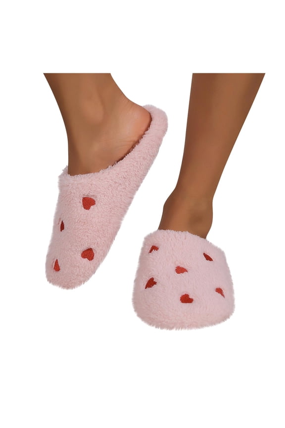 Fuzzy Slippers for Women House Bedroom Love Embroidery Close Toe Slide Comfy Fall Winte Slipper Pink