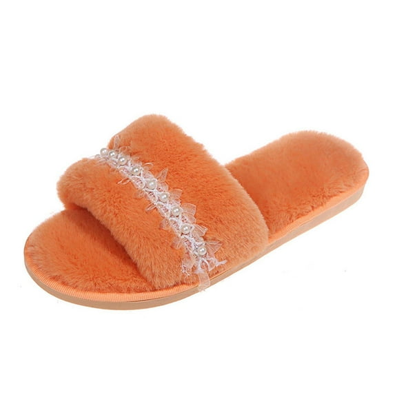 Xfvqtps Fuzzy Slippers for Women House Bedroom Shoes Pearl Lace Open Toe Slide Comfy Fall Winte Slipper Orange