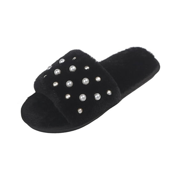 Xfvqtps Fuzzy Slippers for Women House Bedroom Shoes Pearl Open Toe Slide Comfy Fall Winte Slipper Black