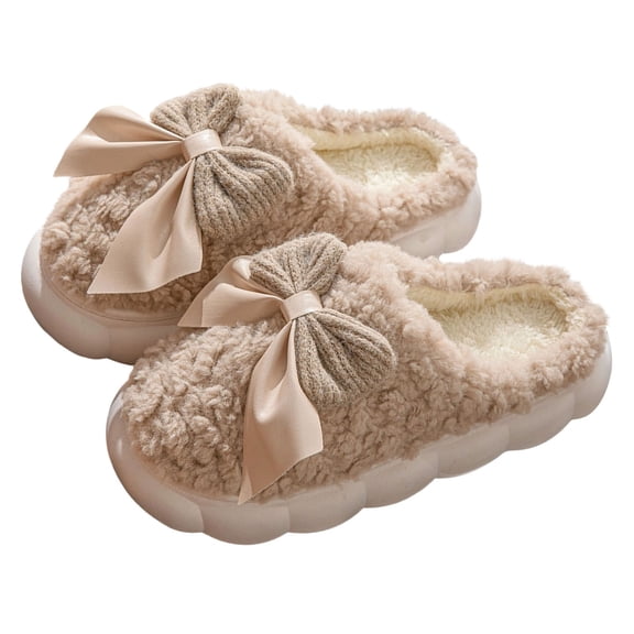 Xfvqtps Fuzzy Slippers for Women Lace Bow Close Toe Memory Foam Soft Sole Non Slip Warm Furry Indoor House Slipper for Fall Winter Coffee