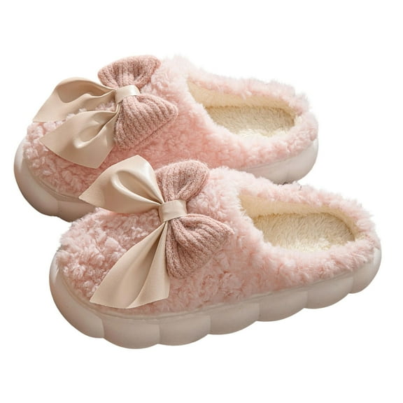 Xfvqtps Fuzzy Slippers for Women Lace Bow Close Toe Memory Foam Soft Sole Non Slip Warm Furry Indoor House Slipper for Fall Winter Pink