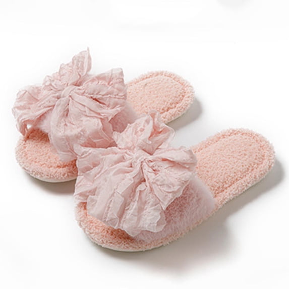 Xfvqtps Fuzzy Slippers for Women Lace Bow Decor House Bedroom Open Toe Slide Comfy Fall Winte Furry Indoor Slipper Pink