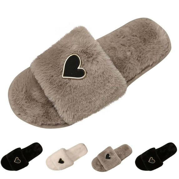 Xfvqtps Fuzzy Slippers for Women Love Decor Fake Fur Open Toe Soft Sole Slide House Slippers for Indoor Bedroom Furry Slipper for Winter Fall Khaki