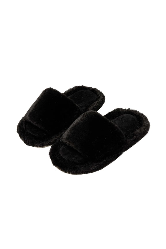 Fuzzy Slippers for Womens Open Toe Solid Color Simplicity Fashion Fluffy Plush Non Slip Indoor Outdoor Warm Winter Cozy Fluffy Slippers Black