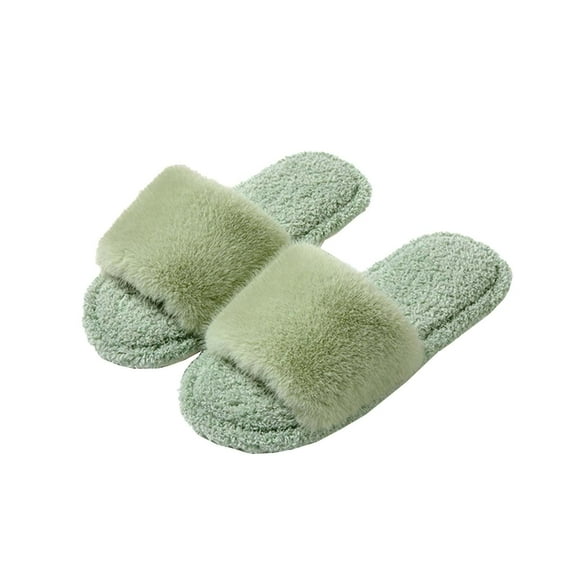 Xfvqtps Fuzzy Slippers for Womens Open Toe Solid Color Simplicity Fashion Non Slip Indoor Outdoor Warm Winter Cozy Fluffy Slippers Green