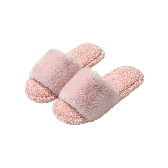 Xfvqtps Fuzzy Slippers for Womens Open Toe Solid Color Simplicity Fashion Non Slip Indoor Outdoor Warm Winter Cozy Fluffy Slippers Pink