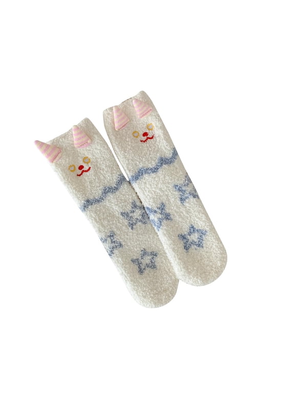 Fuzzy Socks for Women Fluffy Slipper Socks Cute Embroidery Winter Warm Soft Sleep Socks